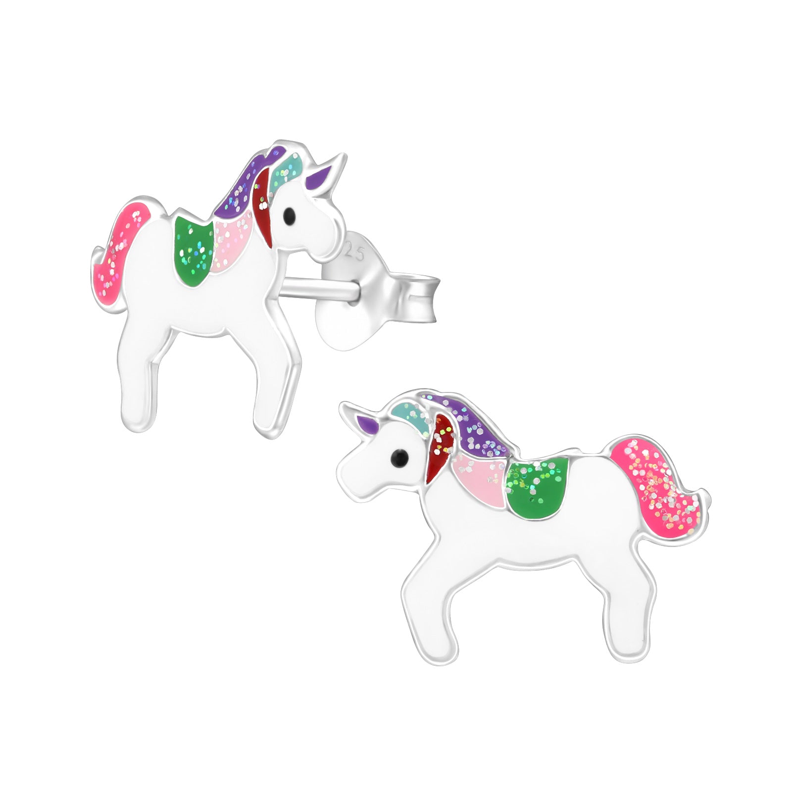Melchior Jewellery childrens silver unicorn stud glitter unicorn earrings for girls with multicolour glitter mane