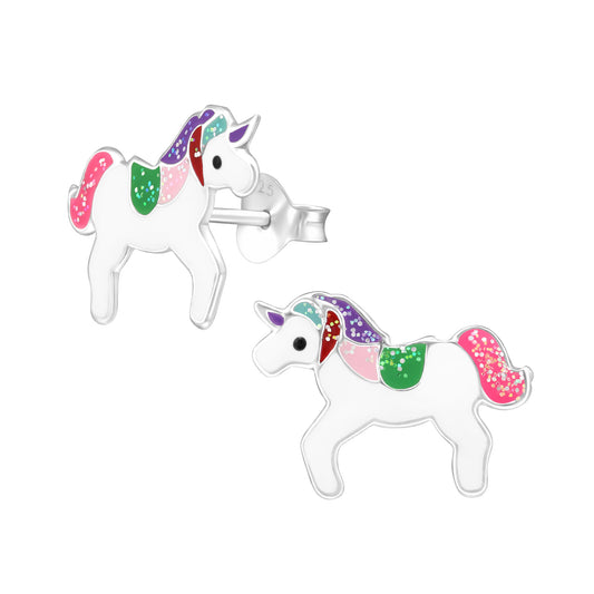 Melchior Jewellery childrens silver unicorn stud glitter unicorn earrings for girls with multicolour glitter mane