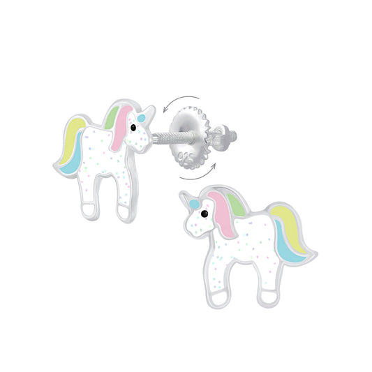 Melchior Jewellery glitter unicorn screw back earrings for children with pastel colours and sparkly details