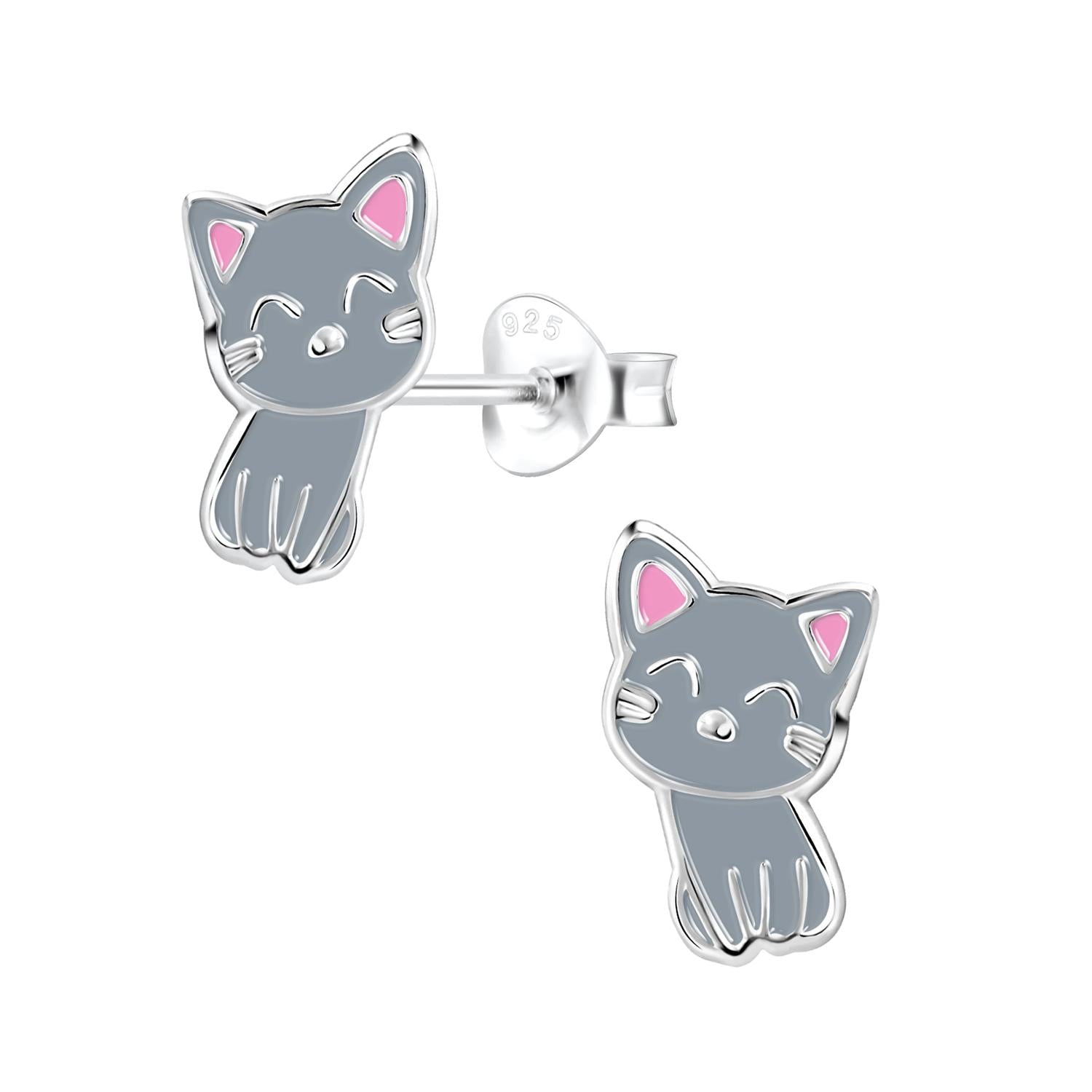 Melchior Jewellery hypoallergenic kids cat stud earrings in silver with grey and pink enamel detailing