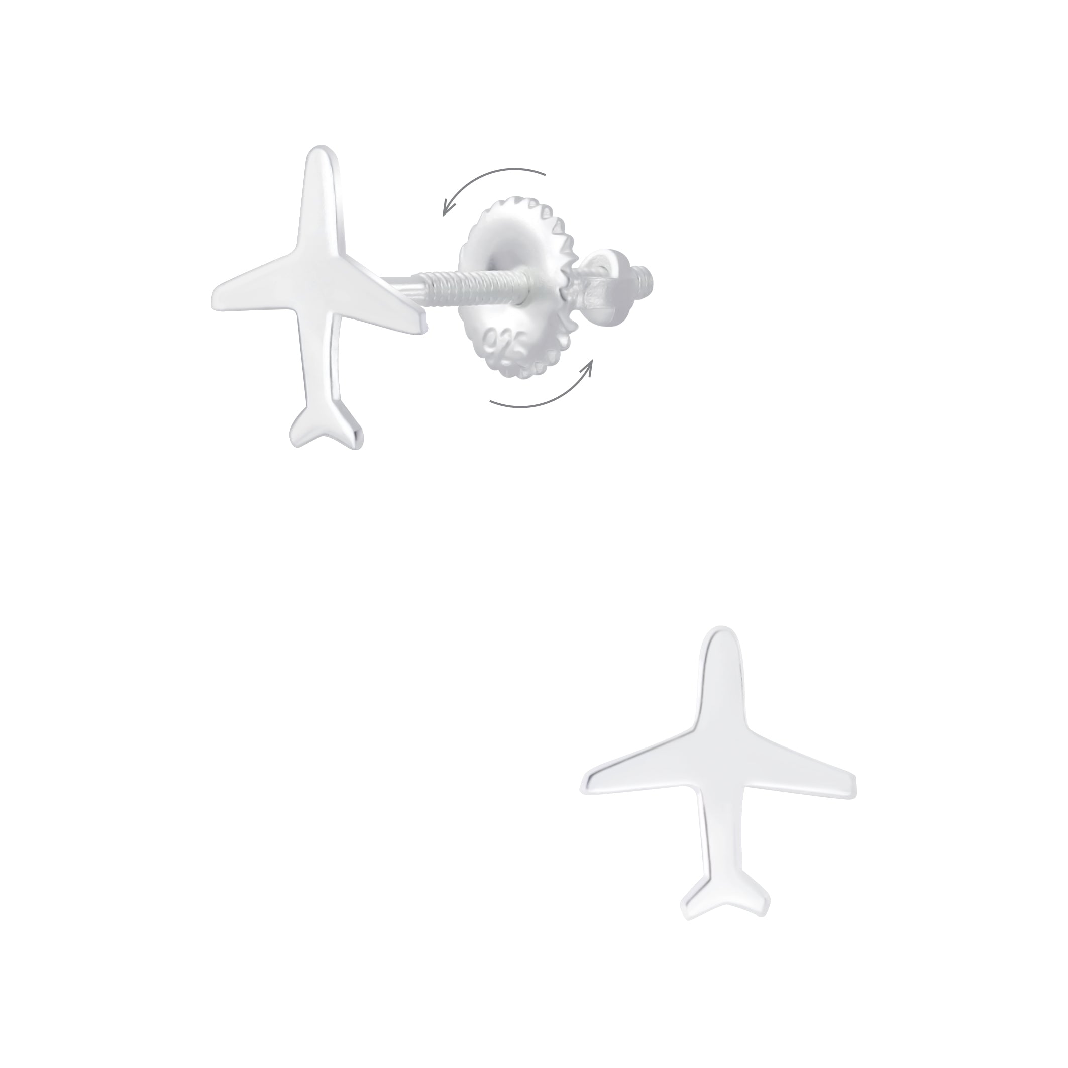 Melchior Jewellery hypoallergenic kids earrings shaped like small silver aeroplanes with secure screw back closures