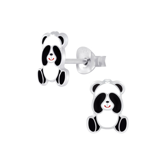 Melchior Jewellery hypoallergenic kids panda stud earrings in silver with black and white enamel details