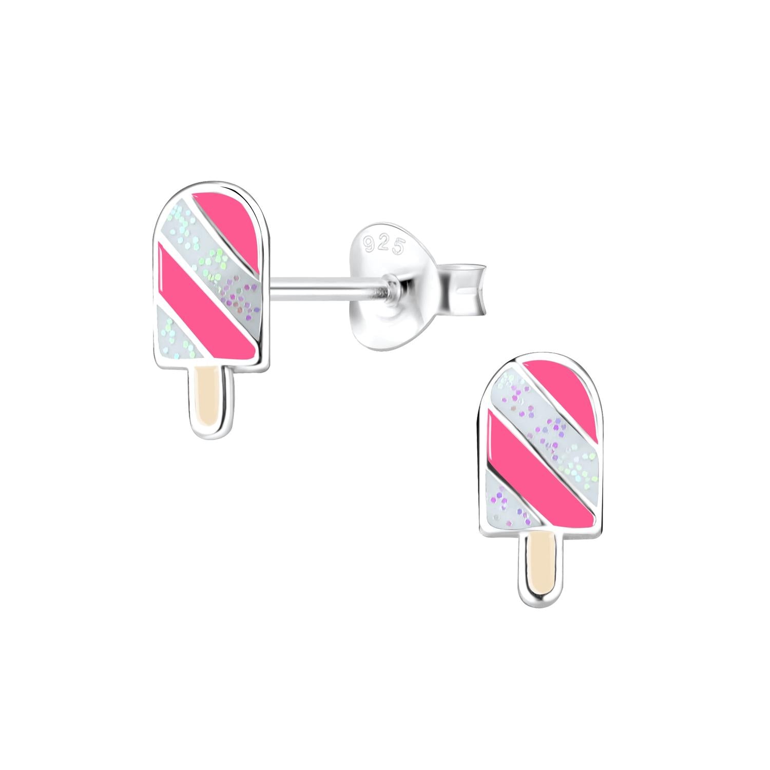Melchior Jewellery ice cream lolly stud earrings for kids in silver with pink and sparkly stripes