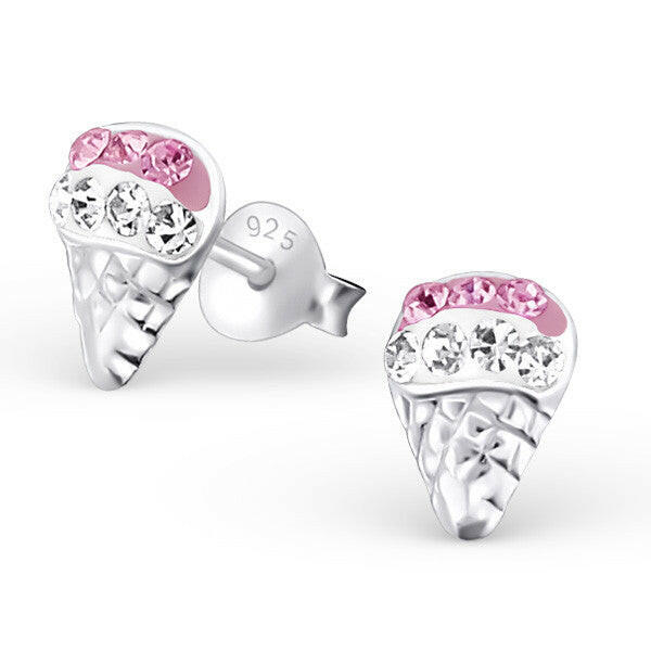 Melchior Jewellery ice cream stud earrings for kids with pink and clear stones in silver finish