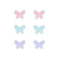 Melchior Jewellery children's silver butterfly earrings set with three pastel pink blue and lilac pairs