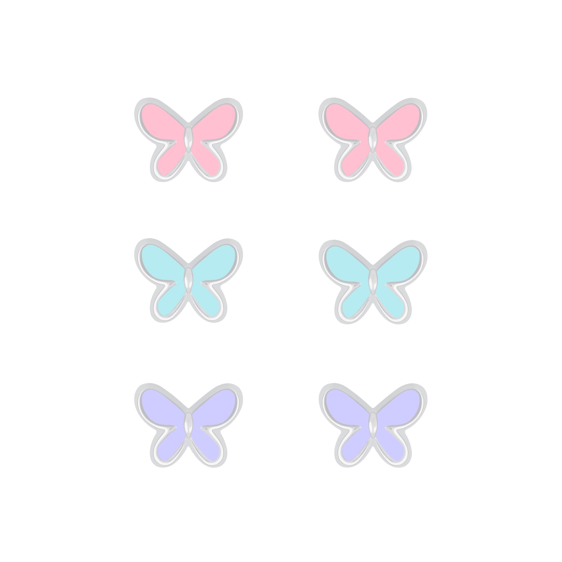 Melchior Jewellery children's silver butterfly earrings set with three pastel pink blue and lilac pairs