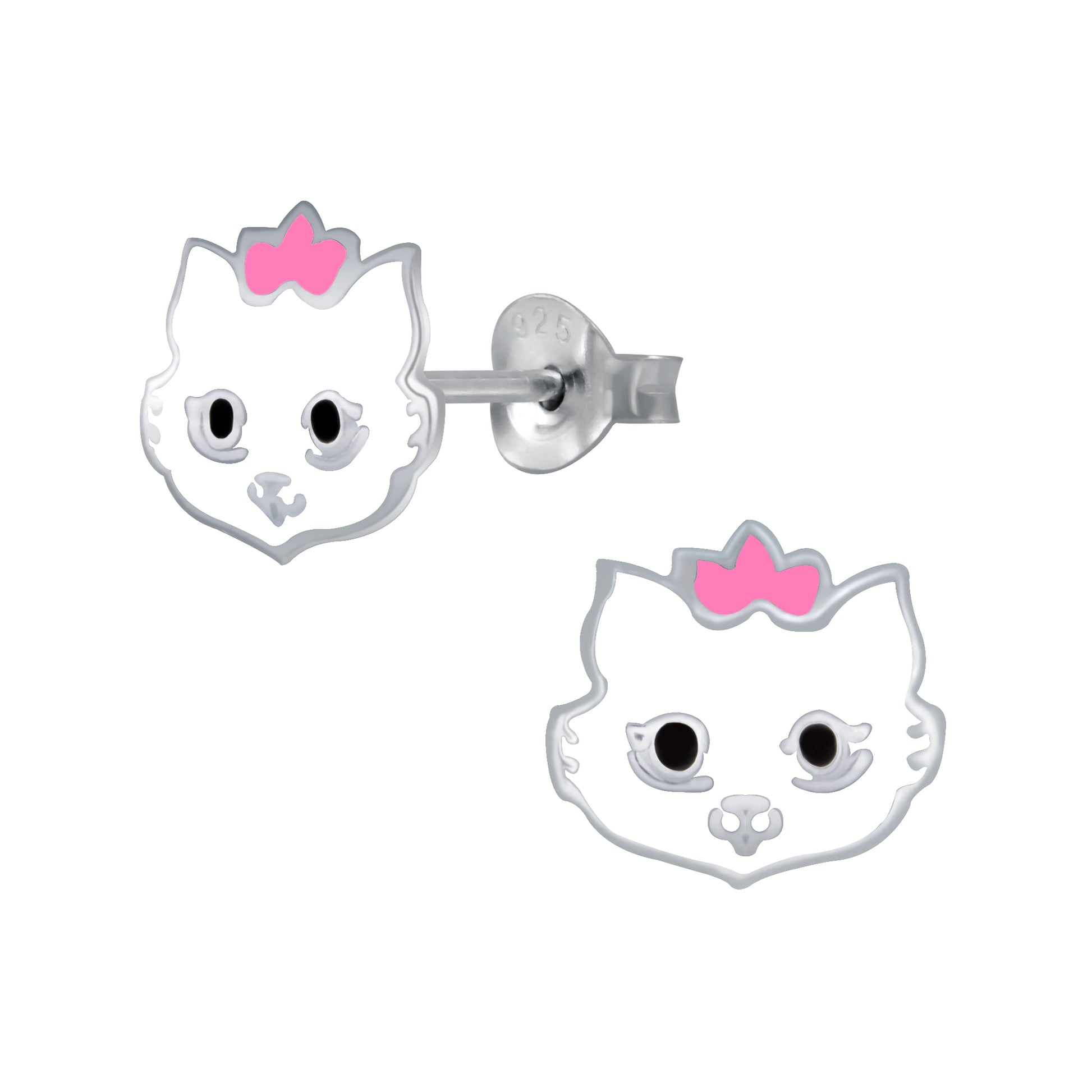 Melchior Jewellery children's sterling silver cat earrings white enamel studs with pink bows