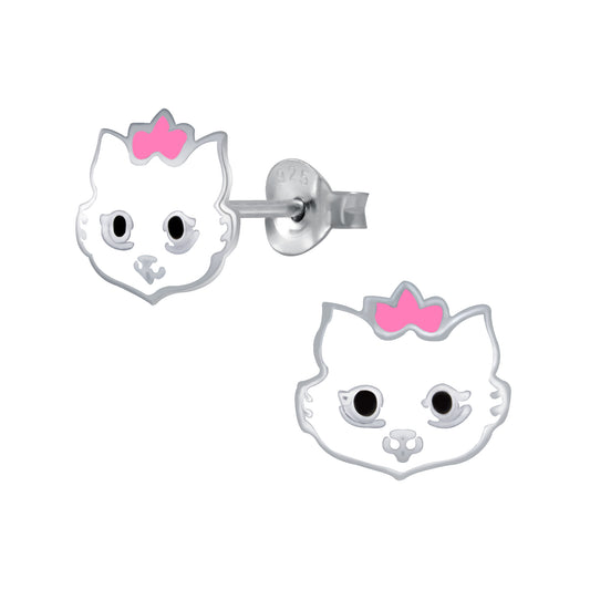 Melchior Jewellery children's sterling silver cat earrings white enamel studs with pink bows