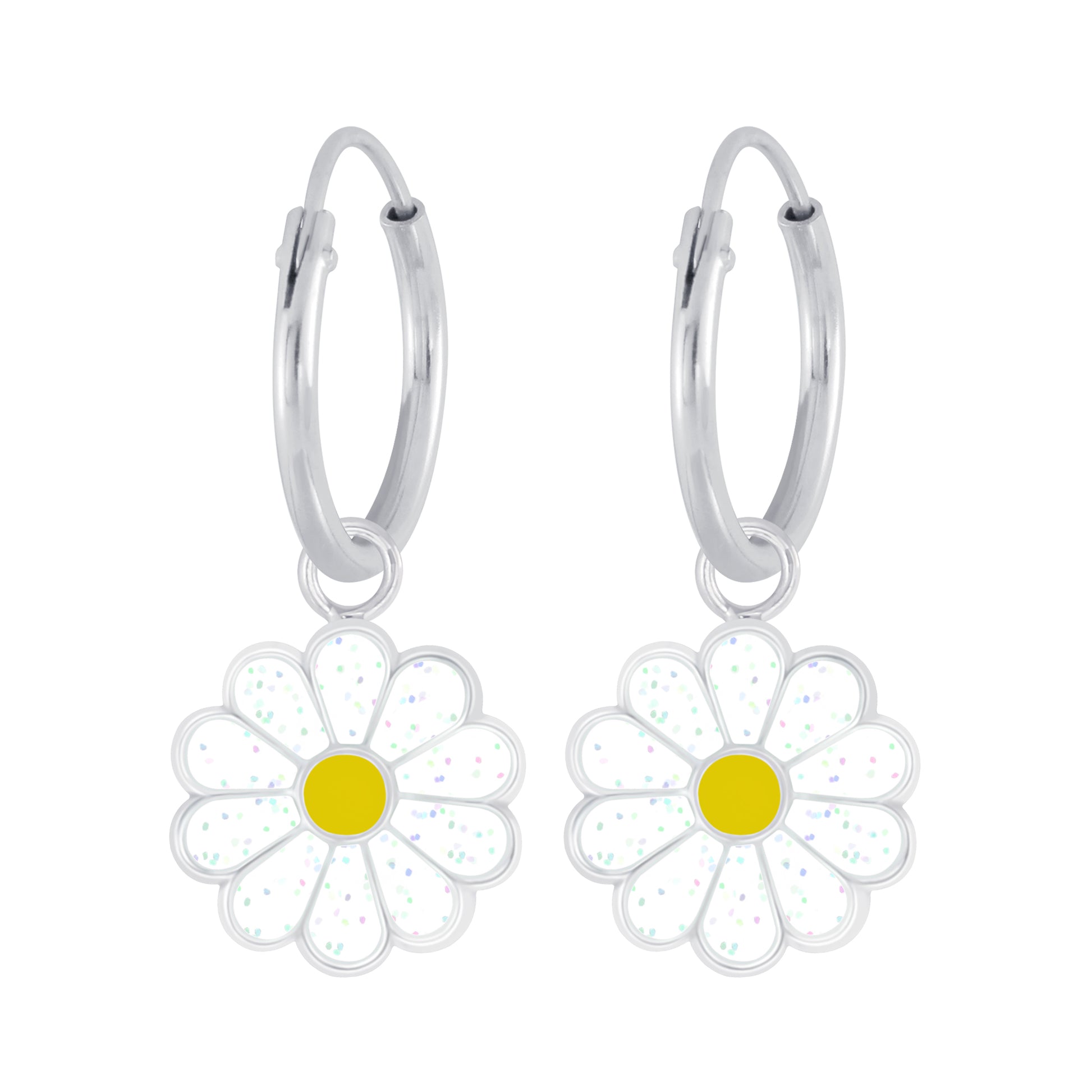 Melchior Jewellery children's sterling silver daisy earrings white glitter petals yellow centre small hoop