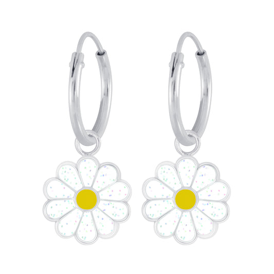 Melchior Jewellery children's sterling silver daisy earrings white glitter petals yellow centre small hoop