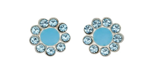 Melchior Jewellery children's sterling silver flower earrings light blue enamel centre and crystals