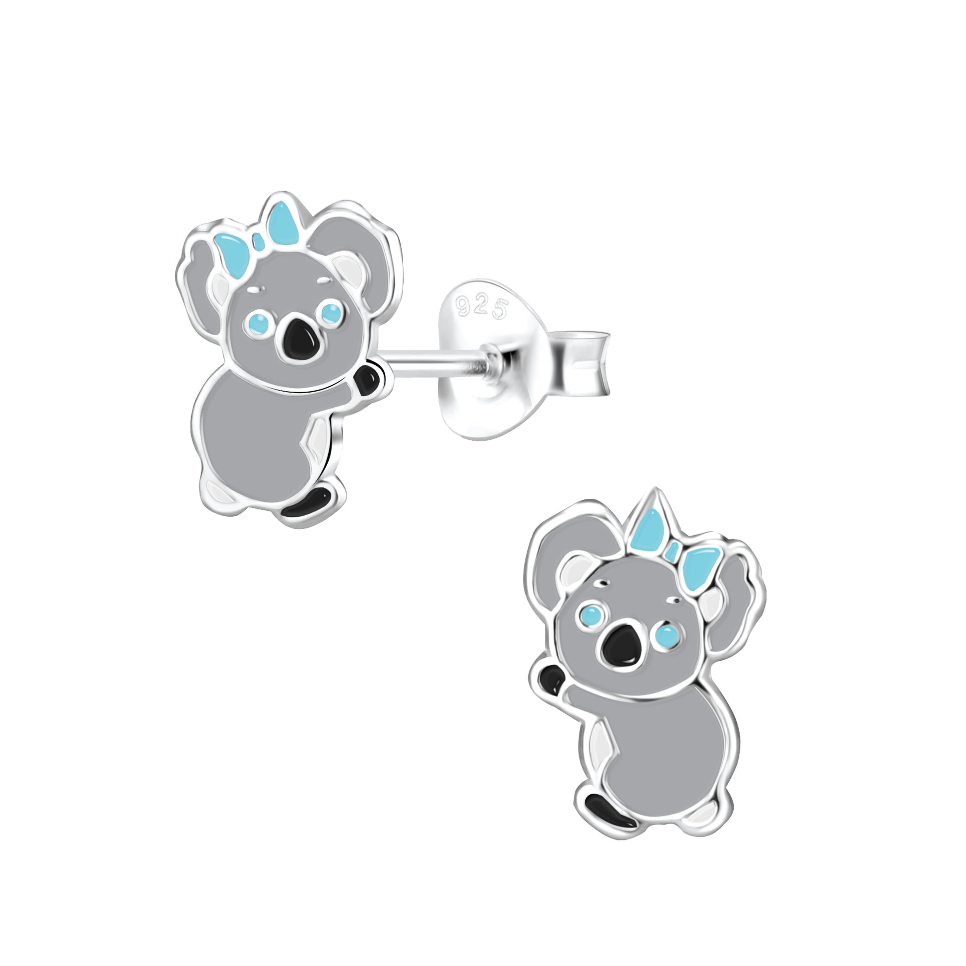 Melchior Jewellery children's sterling silver koala earrings pair of grey enamel koala stud earrings with blue bow accents