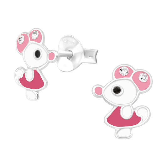 Melchior Jewellery children's sterling silver mouse earrings with pink enamel dress and crystal eyes for kids