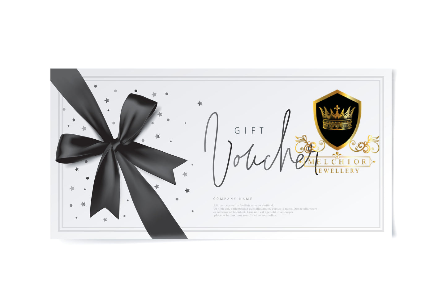 Melchior Jewellery gift card with elegant black ribbon and gold logo on white background