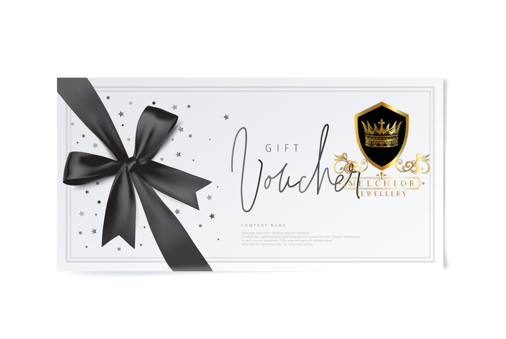 Melchior Jewellery gift card with elegant black ribbon and gold logo on white background
