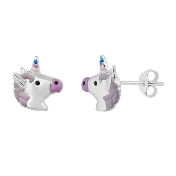 Melchior Jewellery girls silver unicorn studs with pink enamel mane and multicolour horn childrens stud earrings