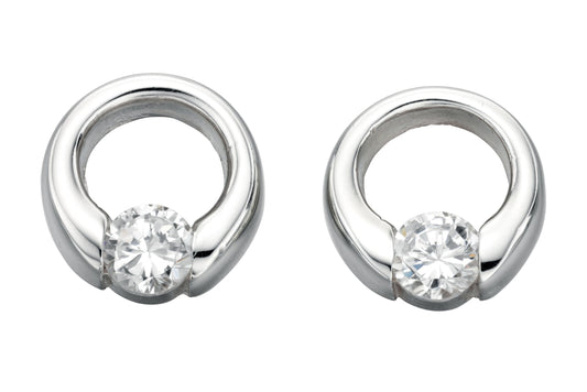 Melchior Jewellery polished silver open disc studs with central clear stones open disc stud earrings for women