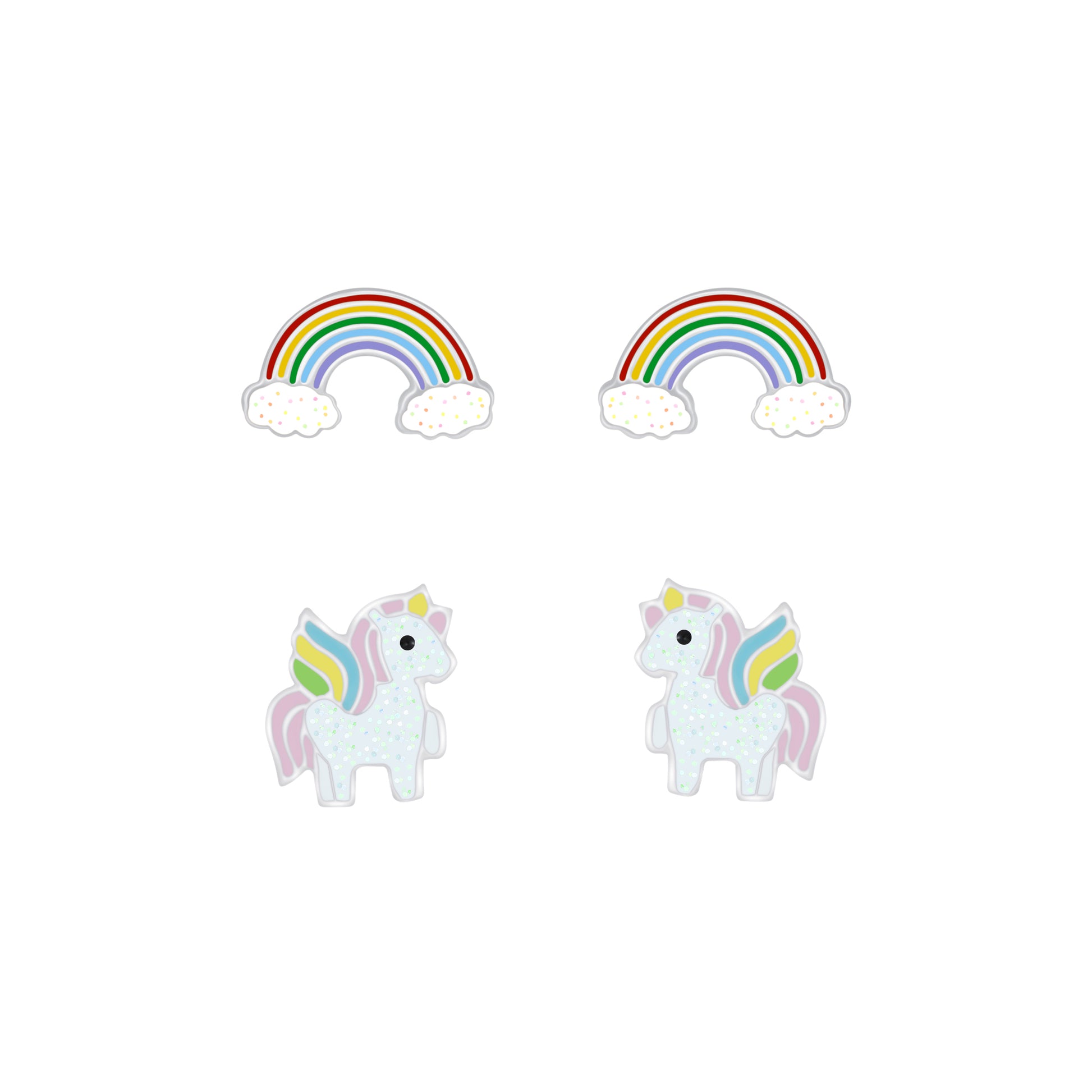 Melchior Jewellery rainbow and unicorn earrings set for children two rainbow studs and two pastel unicorn studs