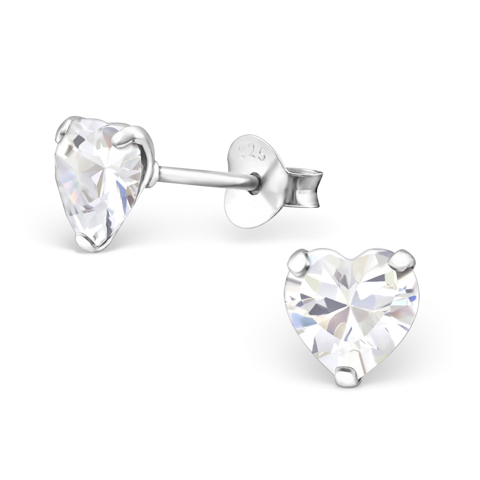 Melchior Jewellery sterling silver birthstone heart earrings with clear heart cut stones stud design