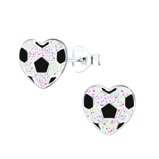 Melchior Jewellery sterling silver football heart studs for children white glitter enamel with black panels