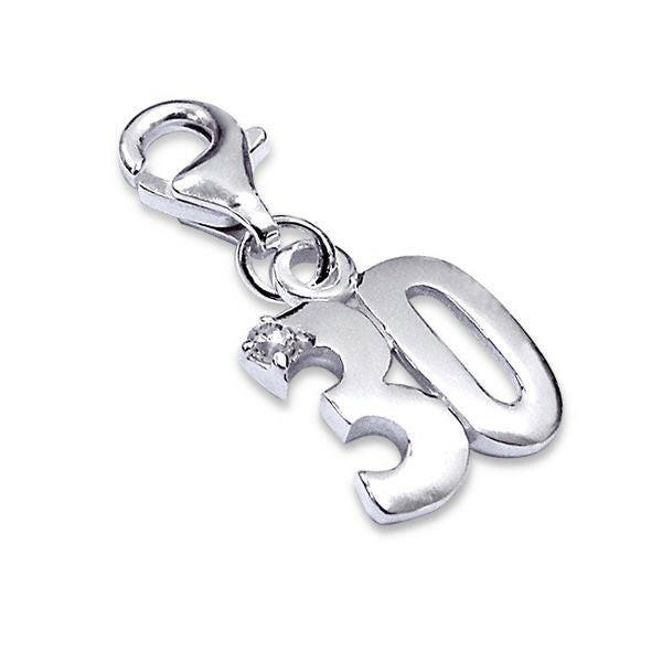 Melchior Jewellery clip on charm featuring sterling silver number 30 charm with lobster clasp and small stone