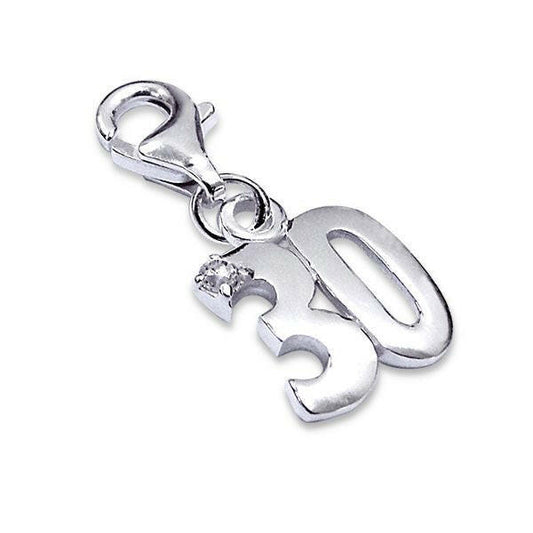 Melchior Jewellery clip on charm featuring sterling silver number 30 charm with lobster clasp and small stone