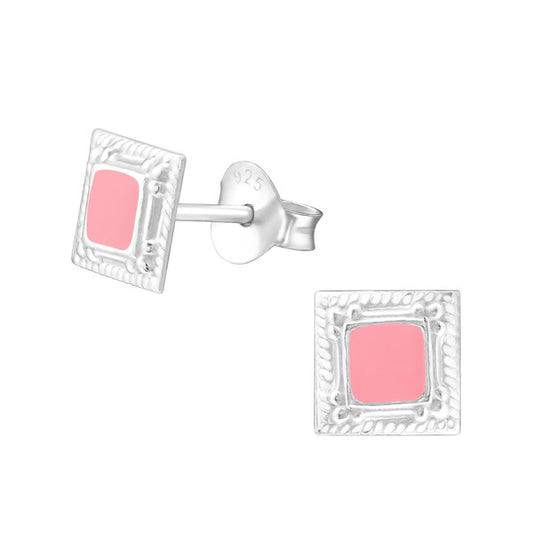 Melchior Jewellery sterling silver pink stud earrings square textured frame with soft pink enamel centre