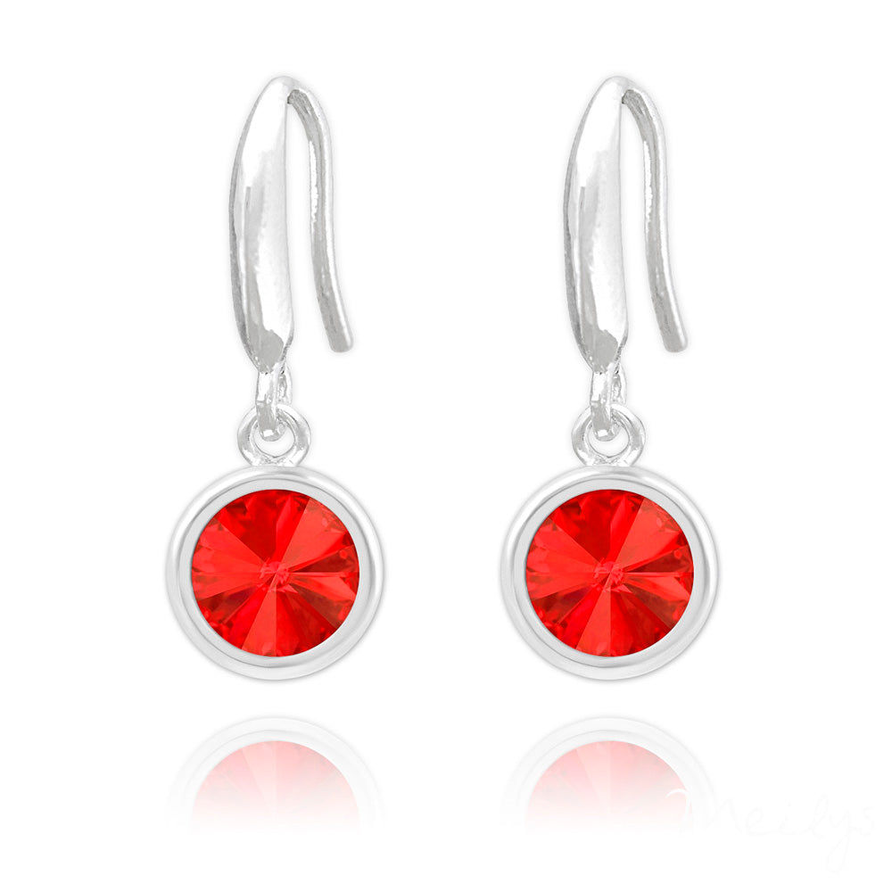 Melchior Jewellery Swarovski drop earrings sterling silver with hook fastening and bezel set round red crystal drops