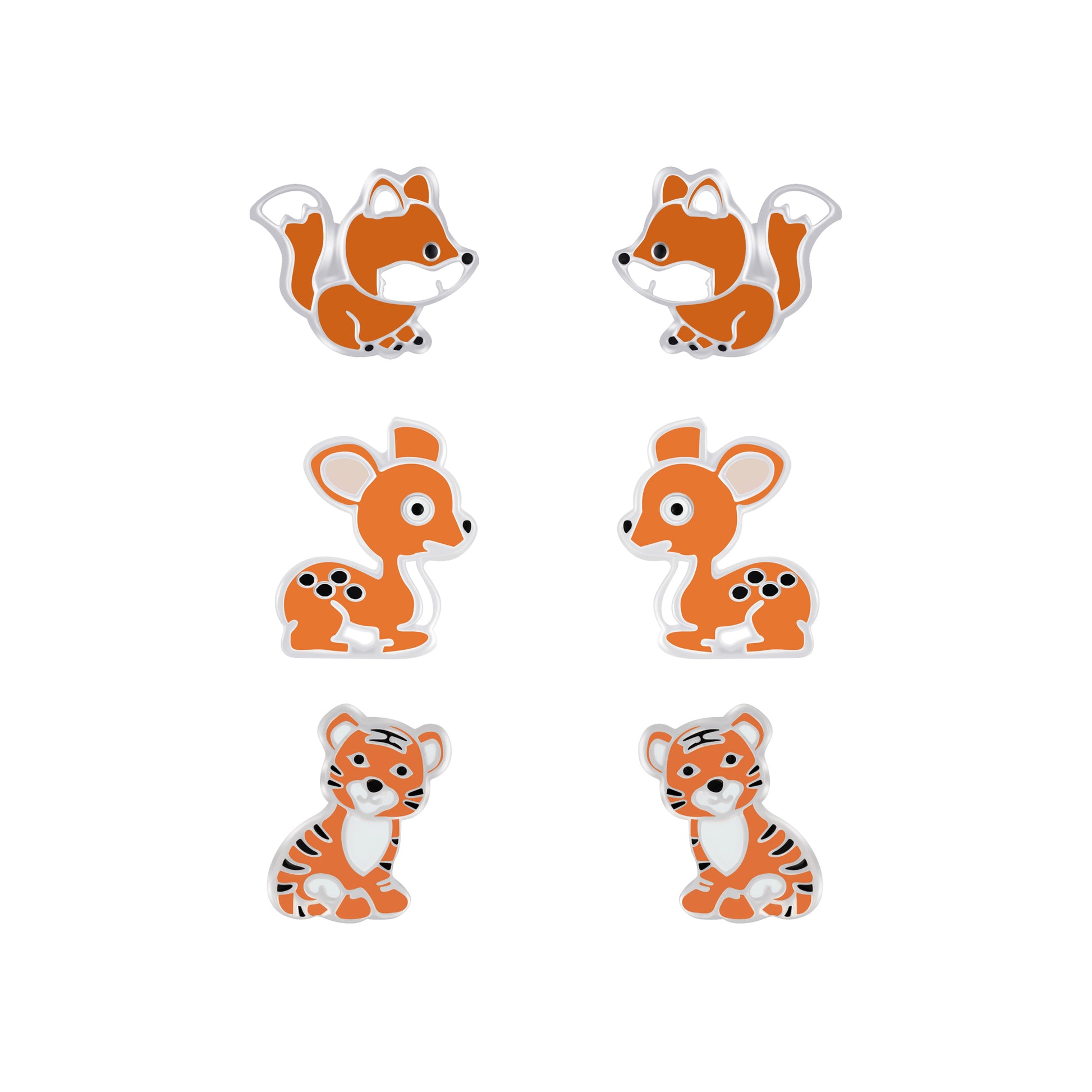 Melchior Jewellery kids animal stud earrings set featuring fox, deer, and tiger designs for children