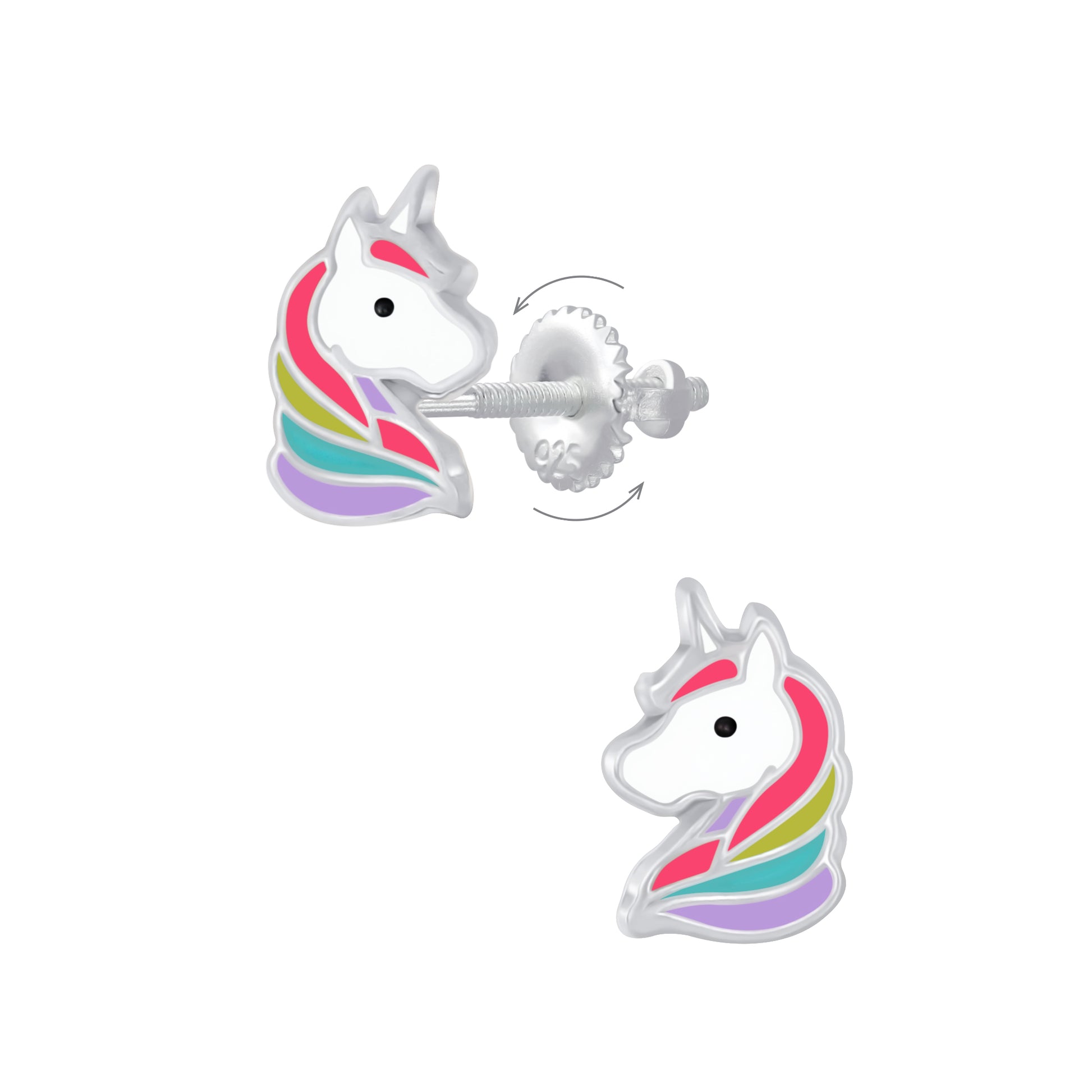 Melchior Jewellery kids colourful unicorn screw back studs in silver with rainbow manes