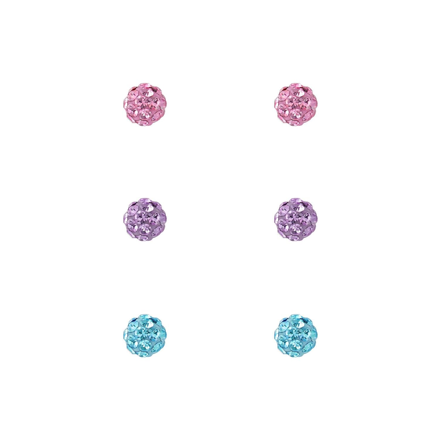 Melchior Jewellery kids crystal ball earrings set featuring pink, purple, and blue sparkling crystal studs