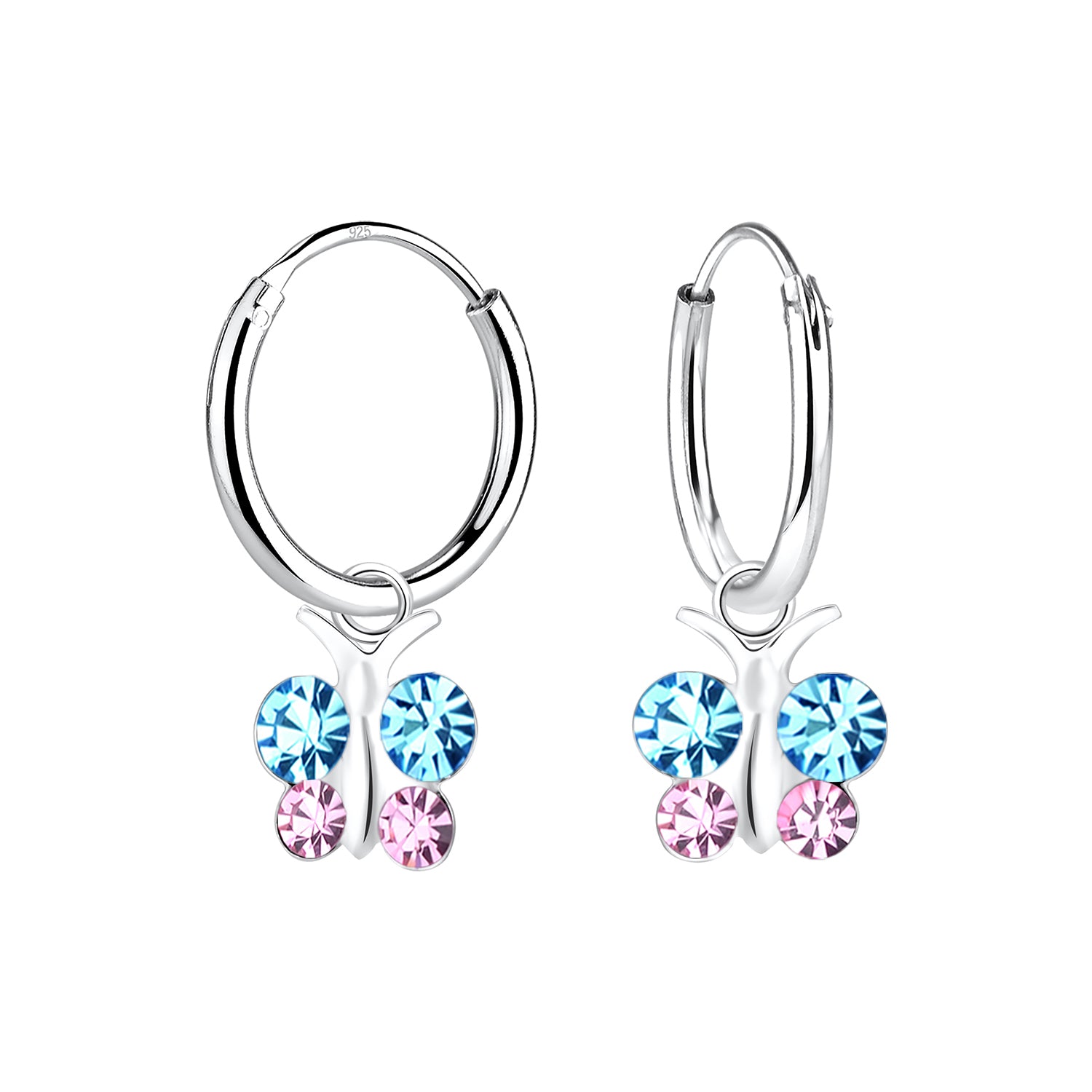 Melchior Jewellery kids crystal butterfly hoop earrings with blue and pink crystals on silver hoops