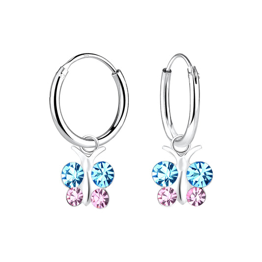 Melchior Jewellery kids crystal butterfly hoop earrings with blue and pink crystals for children