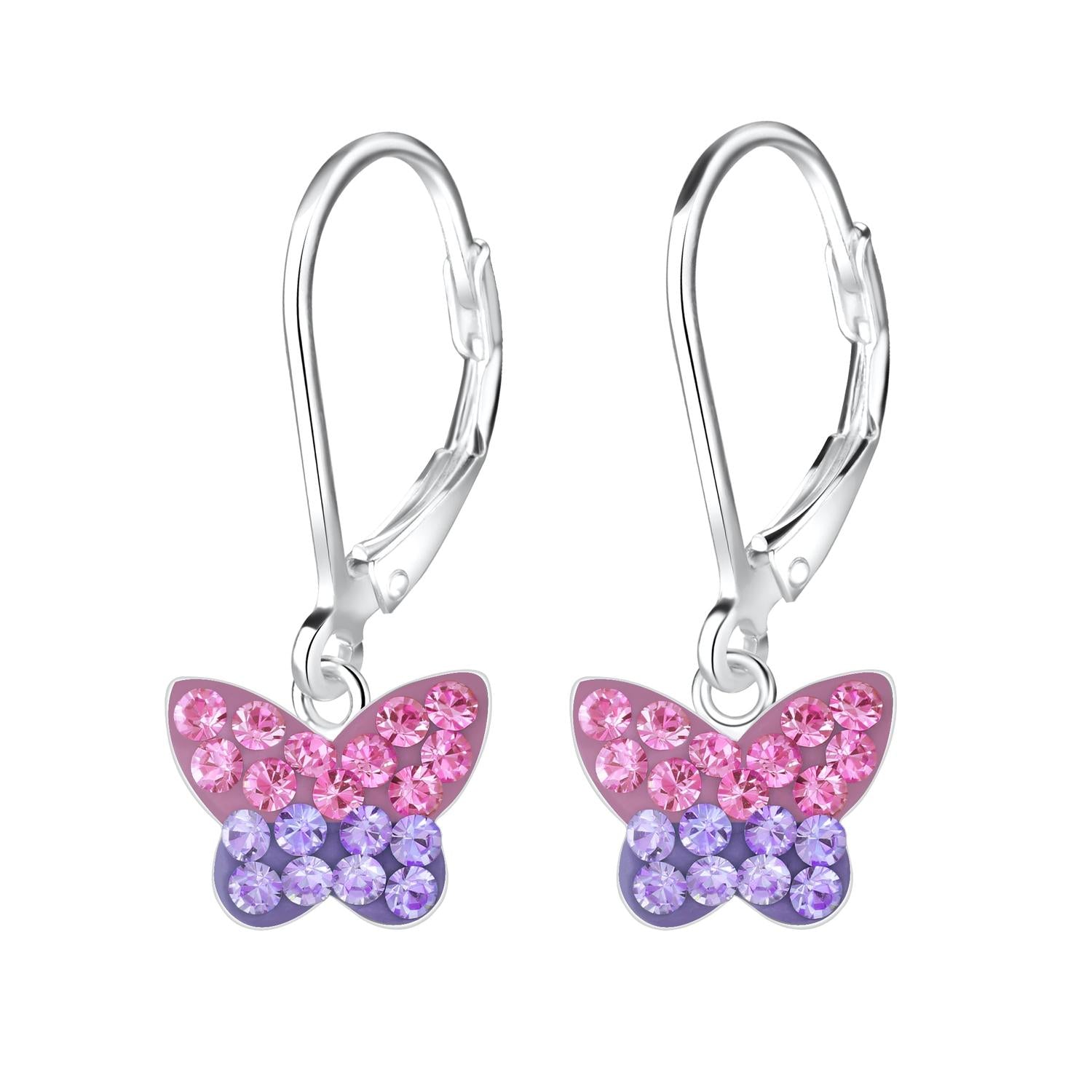Melchior Jewellery kids crystal butterfly leverback earrings with pink and purple crystals
