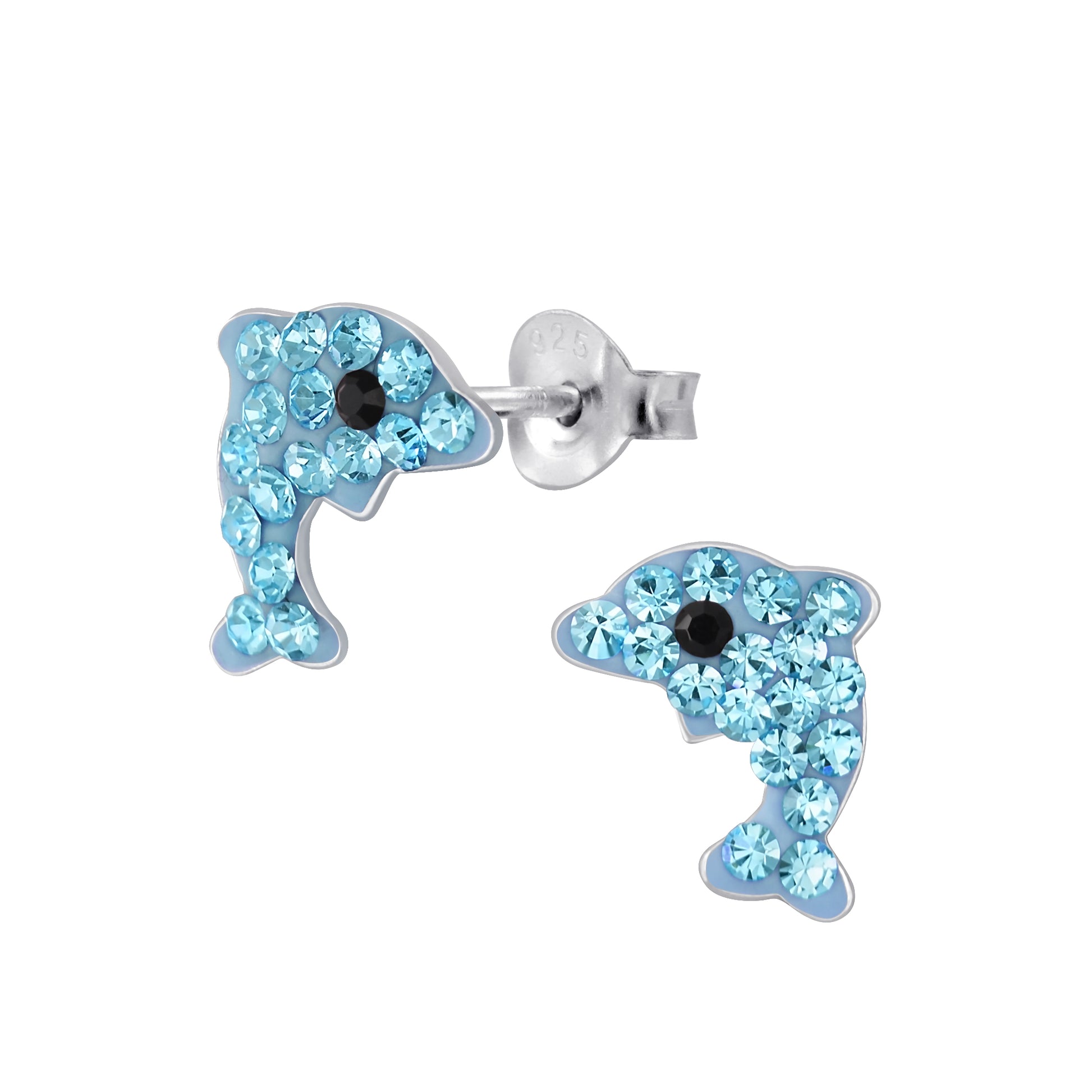 Melchior Jewellery kids crystal dolphin stud earrings in blue crystal with silver stud backs