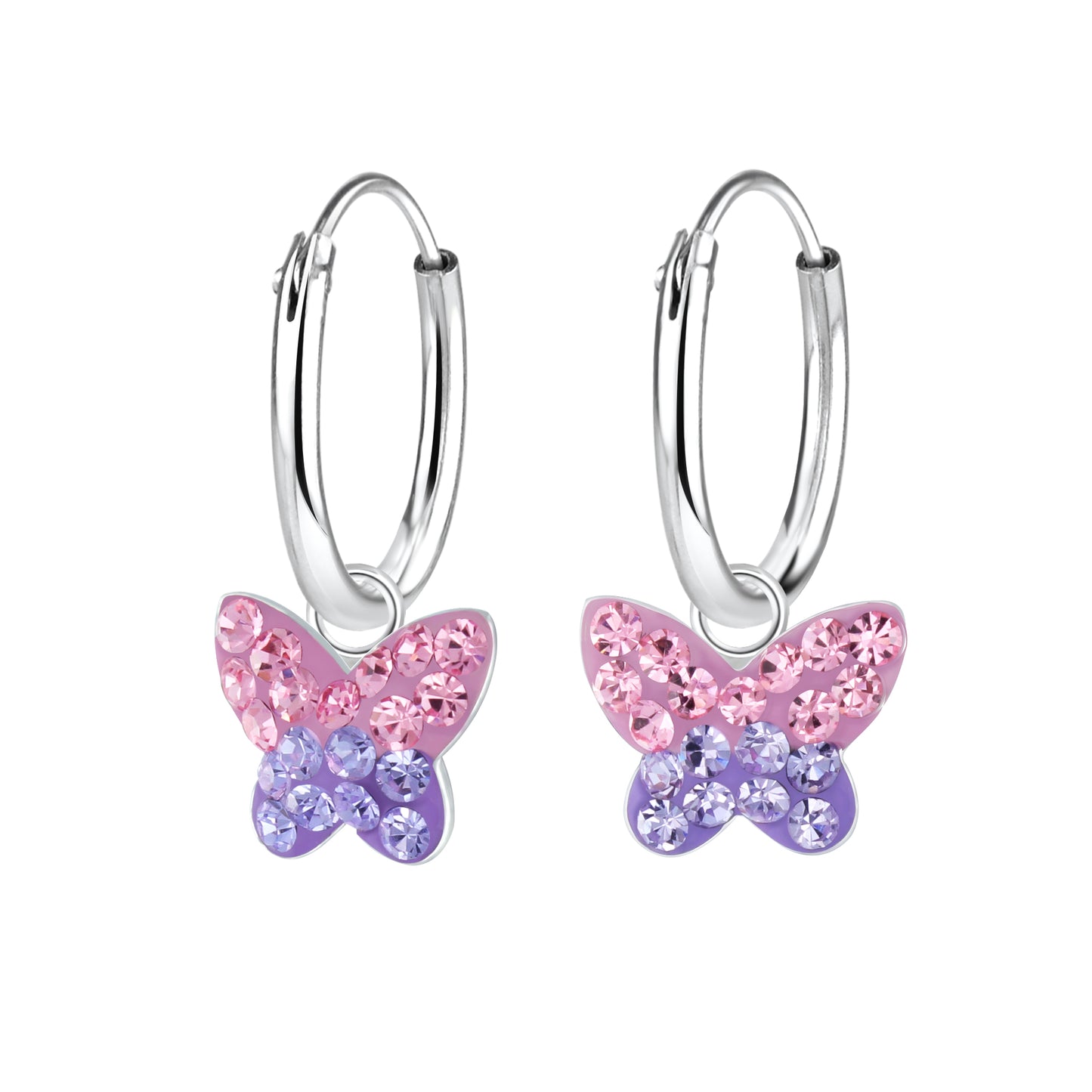 Melchior Jewellery kids crystal hoop earrings silver hoops with pink and purple crystal butterfly charms