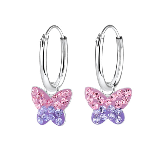 Melchior Jewellery kids crystal hoop earrings silver hoops with pink and purple crystal butterfly charms