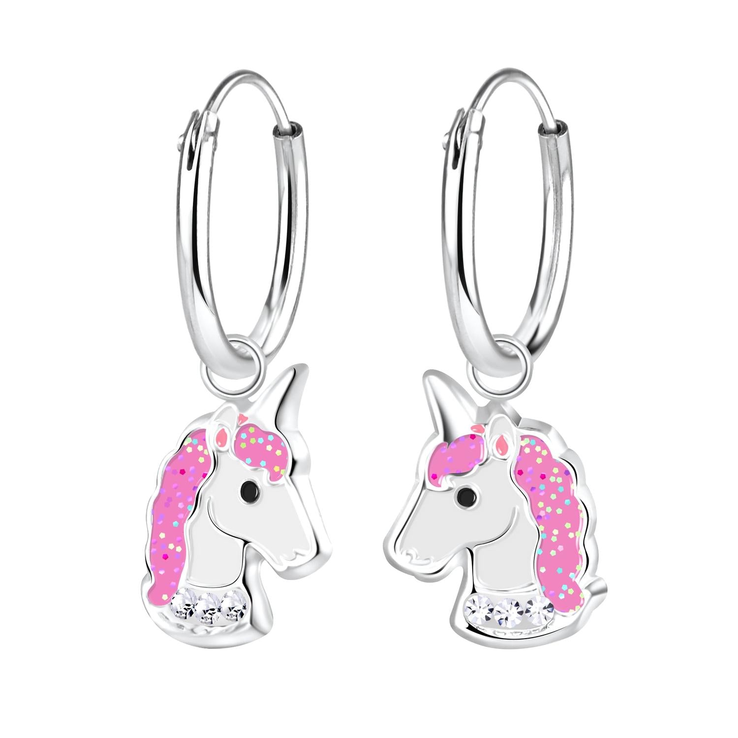 Melchior Jewellery kids crystal unicorn hoop earrings with silver finish and pink enamel mane