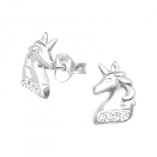 Melchior Jewellery kids crystal unicorn stud earrings in silver plated unicorn head studs with clear crystals