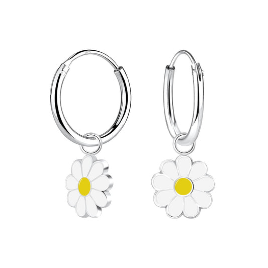 Silver kids daisy flower hoop earrings with white petals and yellow centre by Melchior Jewellery
