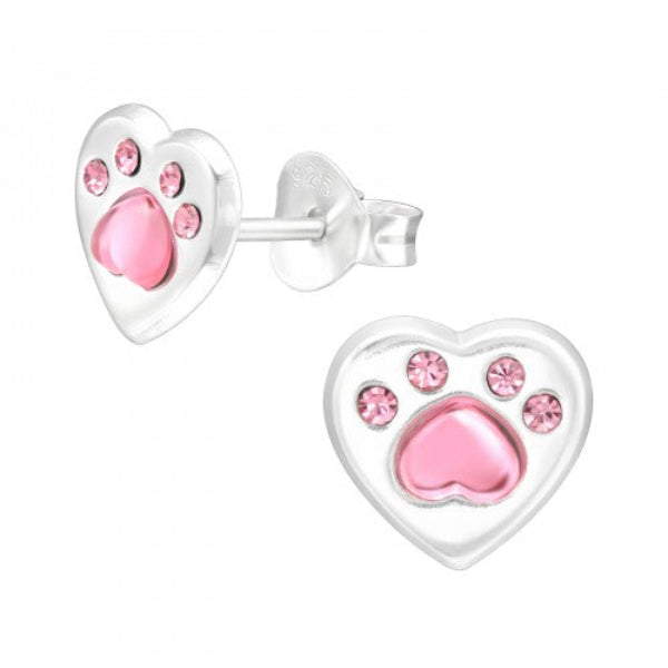 Melchior Jewellery kids dog paw stud earrings heart-shaped silver with pink stones for girls
