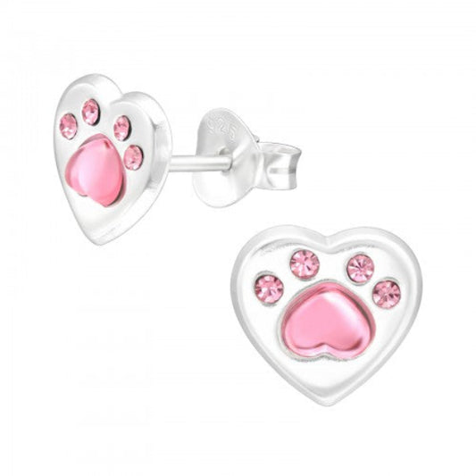 Melchior Jewellery kids dog paw stud earrings heart-shaped silver with pink stones for girls
