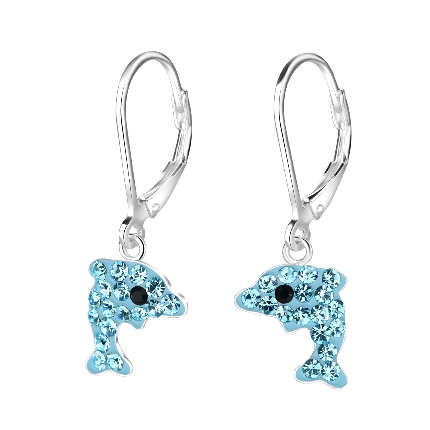 Melchior Jewellery kids dolphin leverback earrings with blue crystal dolphin charms for children