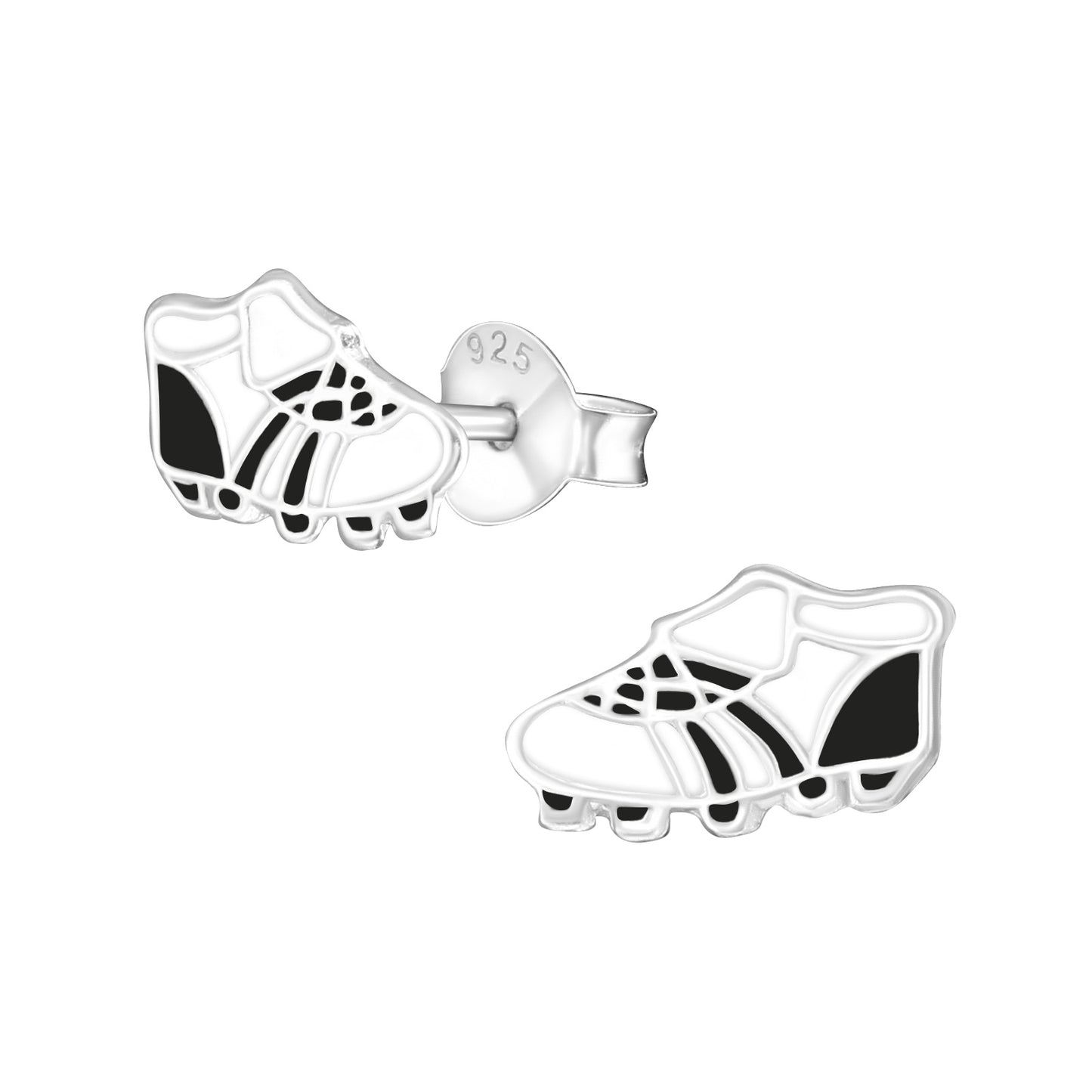 Melchior Jewellery kids football boot stud earrings in silver with black detailing for children