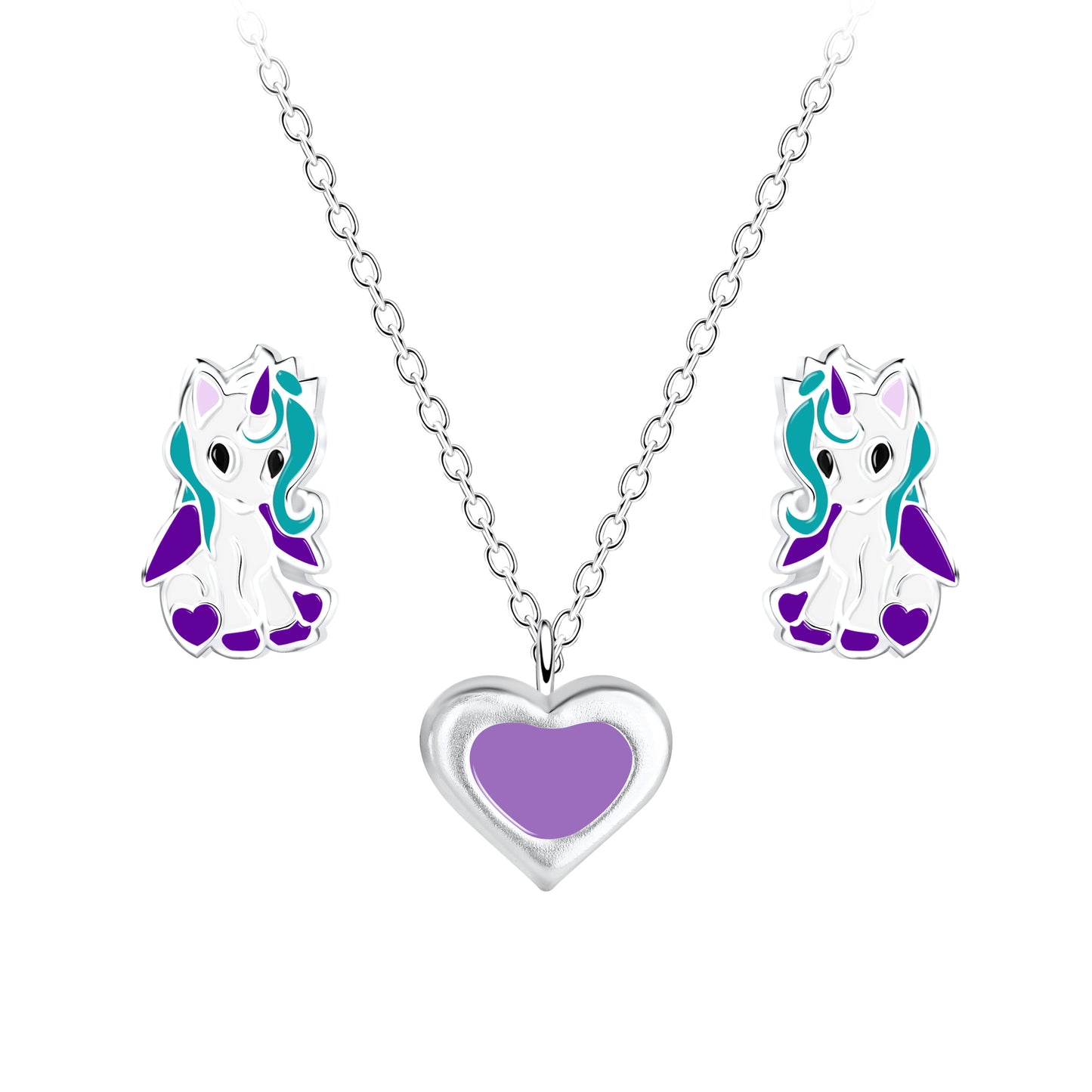 Melchior Jewellery kids heart necklace and unicorn earrings set in silver with purple and turquoise details