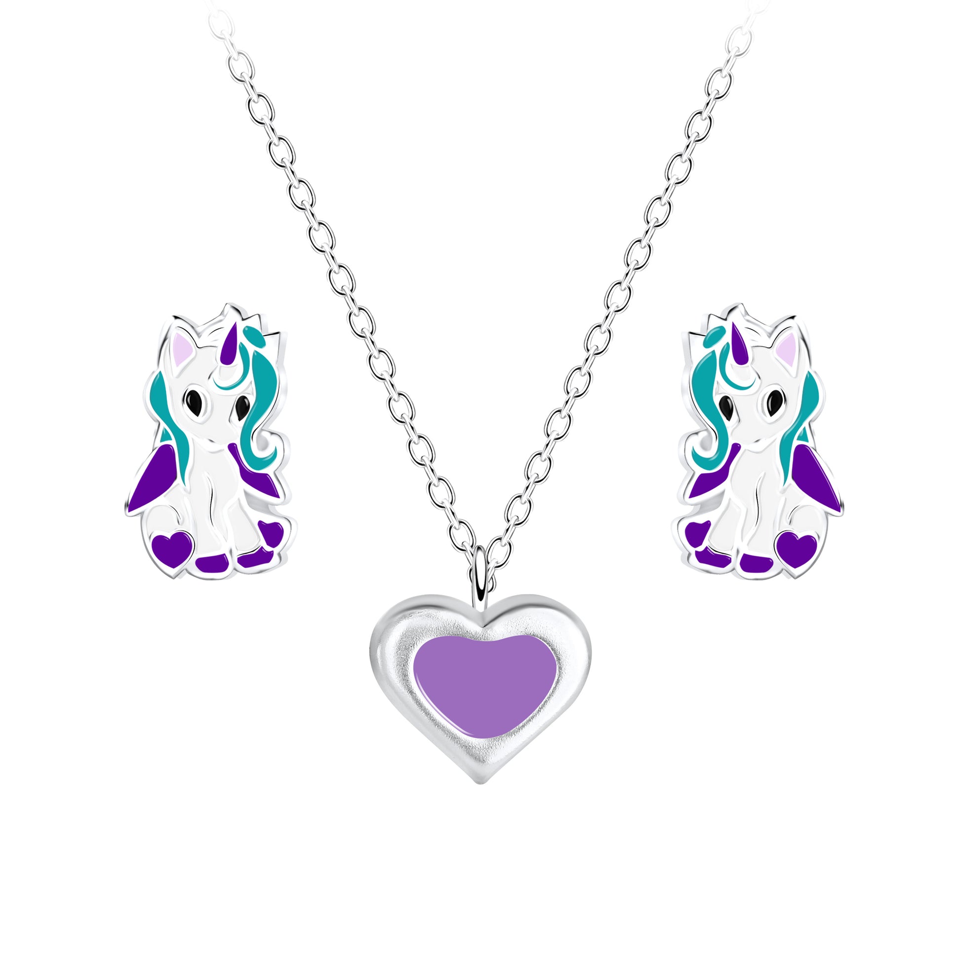 Melchior Jewellery kids heart necklace and unicorn earrings set in silver with purple and turquoise details