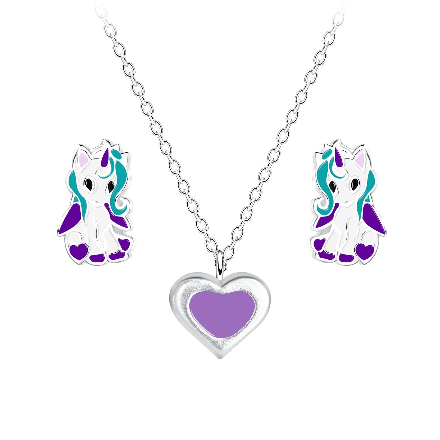 Silver kids heart necklace with purple centre and unicorn earrings featuring teal and purple details by Melchior Jewellery