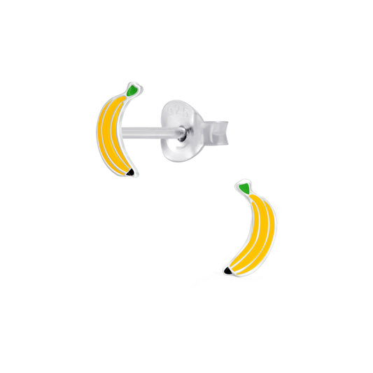 Kids hypoallergenic banana stud earrings by Melchior Jewellery with yellow enamel and silver backing