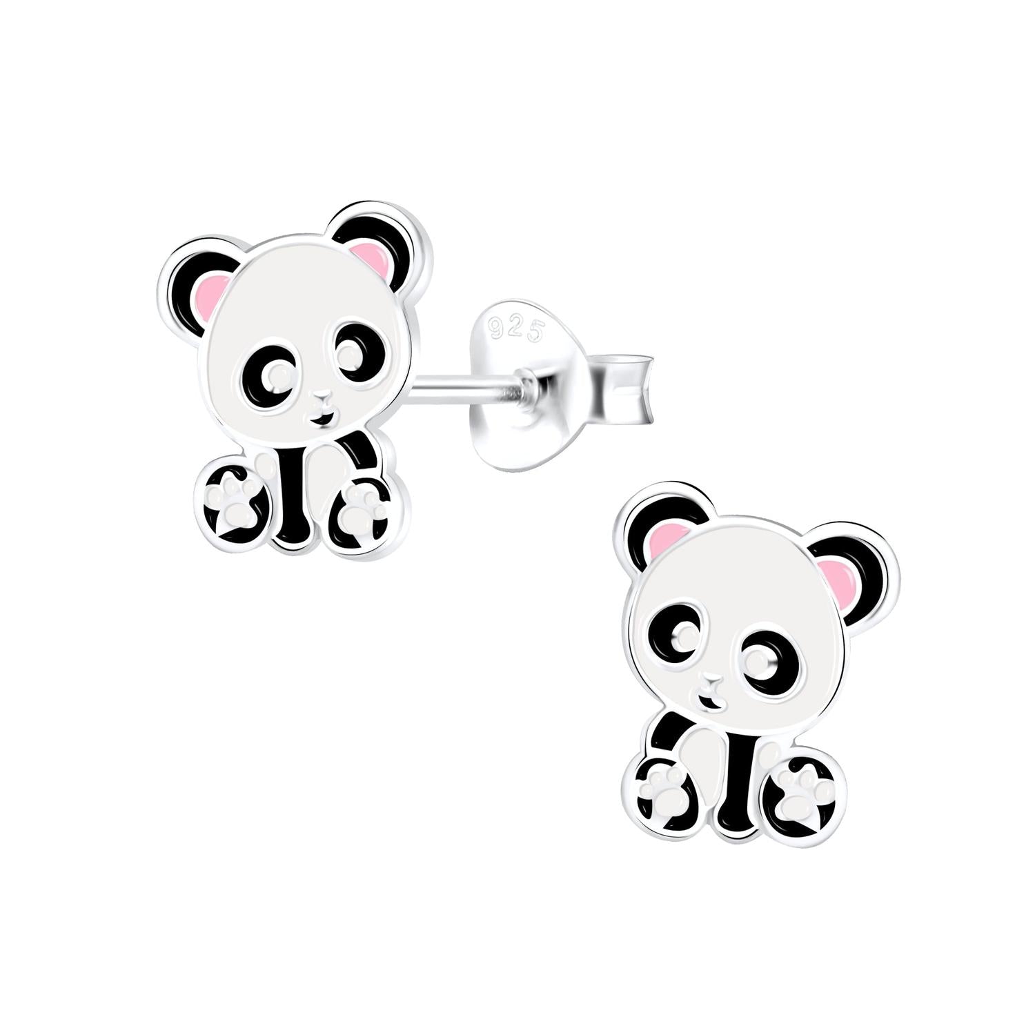 Kids hypoallergenic panda stud earrings by Melchior Jewellery in silver with cute panda design
