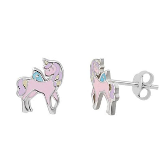 Melchior Jewellery kids hypoallergenic unicorn stud earrings in silver with pink and blue enamel details